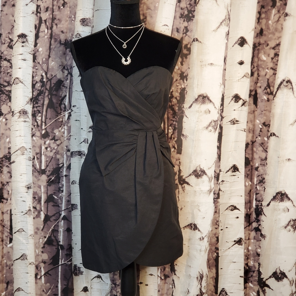 ♡ H&M Mini Cocktail Dress Black Size 4 Faux Wrap Strapless Mini
